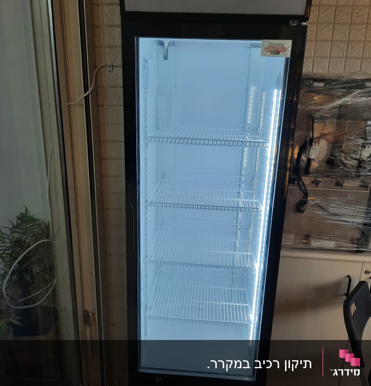 מקרר תצוגה עם מדפים ריקים ותאורה פנימית